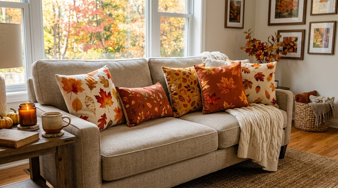 Autumn leaf print pillow covers on a sofa